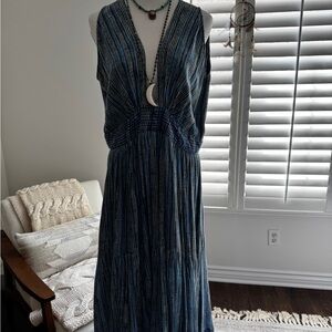 Vintage Anthropologie Blue Pleated Sundress with Plunge Neckline